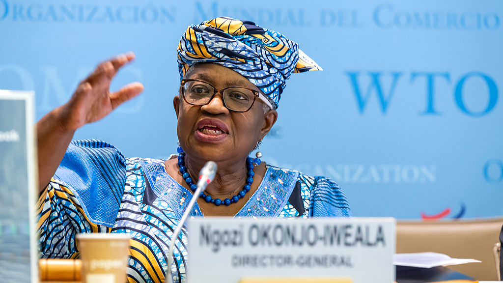 Ngozi Okonjo-Iweala talks to media about the WTO's 'Global Trade Outlook and Statistics' update during a press conference at the headquarters of the World Trade Organization (WTO), Geneva, March 19, 2026. /VCG